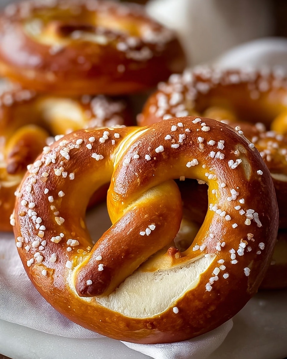 The image shows close-up soft pretzels with a shiny, deep golden-brown crust topped with coarse white salt crystals. Each pretzel has a thick, twisted ring shape with a smooth, slightly cracked surface exposing the lighter, fluffy inner dough beneath the crust. The pretzels are stacked closely together on a white marbled surface, with a soft white cloth partially visible underneath. The background is softly blurred, adding a warm, cozy feel to the image. Photo taken with an iphone --ar 4:5 --v 7