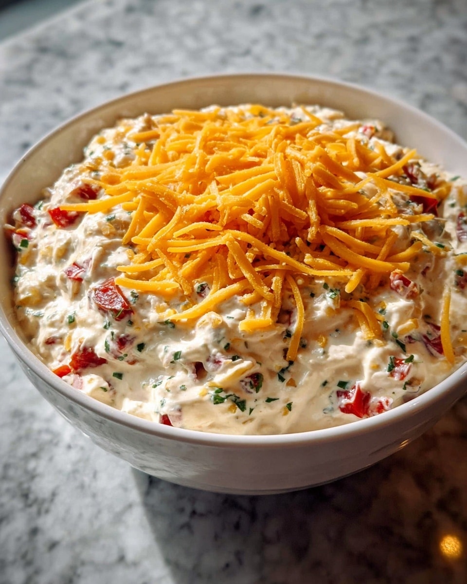 The image shows a white bowl filled with a creamy dip that has visible chunks of red tomatoes and green herbs mixed inside. The top layer is sprinkled with shredded orange cheddar cheese, adding a bright color contrast. The dip's texture looks thick and smooth with some small pieces of ingredients throughout, and the bowl is placed on a white marbled surface with soft natural light coming from a nearby window. photo taken with an iphone --ar 4:5 --v 7