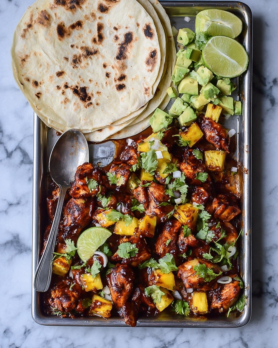 The image shows a metal tray filled with grilled chicken pieces that are dark orange with charred black spots, mixed with yellow pineapple chunks and chopped purple onions, garnished with fresh green cilantro leaves. In the bottom center of the tray, there are diced light green avocado pieces. On the left side of the tray, there are three stacked white tortillas, with a lime wedge placed on top near the chicken. A silver spoon rests on the right edge of the tray, partly filled with some chicken. The tray sits on a white marbled surface. photo taken with an iphone --ar 4:5 --v 7