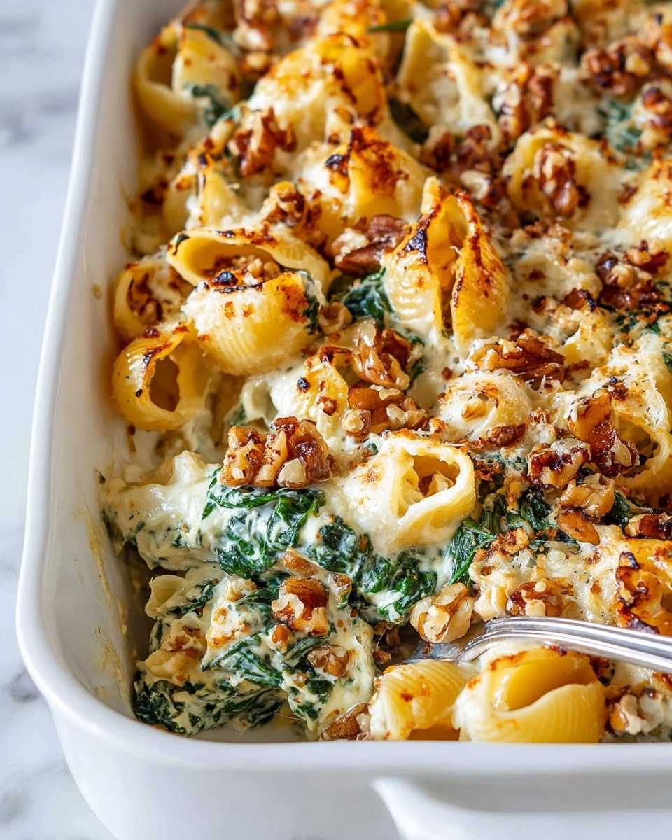 A close-up image of a baked pasta dish in a white ceramic baking dish, showing large pasta shells coated with a creamy, slightly melted orange cheese sauce. The shells are mixed with green spinach leaves and scattered with small white crumbles of cheese and chopped walnuts, giving a textured contrast. The edges of some pasta shells are browned, adding a roasted feel. A wooden-handled metal serving spoon is partially digging into the food on the right side. The dish sits on a white marbled surface. Photo taken with an iphone --ar 4:5 --v 7