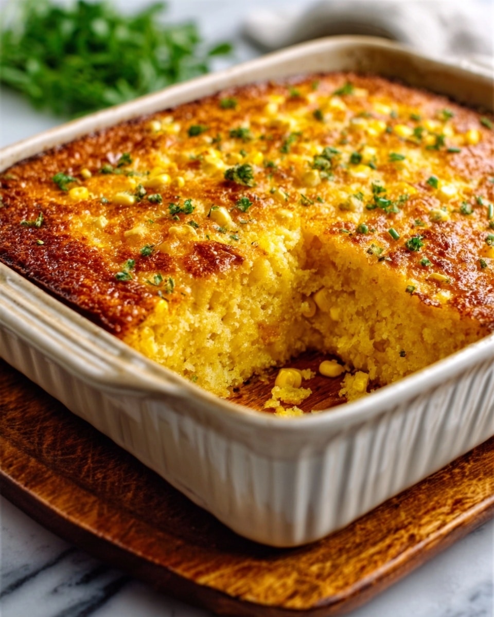 The image shows a close-up of a baked corn casserole in a white rectangular ceramic dish. The casserole has a golden-brown crust on top, with a slightly crispy texture and sprinkled with small green herbs. The inside layer looks soft, creamy, and moist with a light yellow color from the corn. The casserole dish is resting on a wooden board, placed on a white marbled surface, with some blurred green herbs in the background. Photo taken with an iphone --ar 4:5 --v 7
