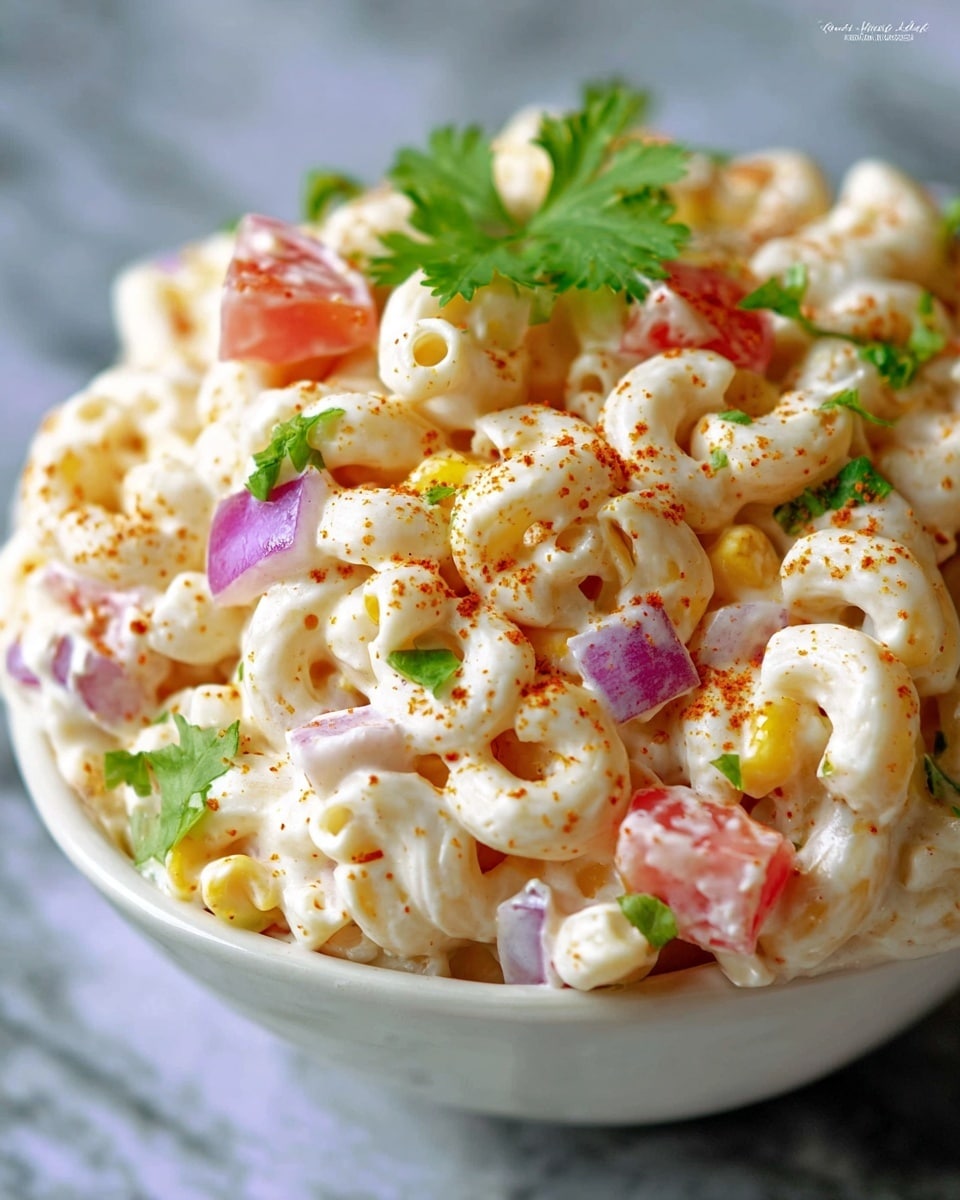 A close-up of a bowl filled with creamy macaroni salad, showing elbow pasta coated in a smooth white dressing. Mixed throughout are small diced pieces of red tomato, green celery, and purple onion, with bright green parsley leaves scattered on top for garnish. The bowl is white with a beautiful blue and gold floral pattern, and the background is a white marbled texture. The creamy sauce looks rich and slightly glossy, covering the pasta evenly in multiple layers of colors and textures. Photo taken with an iphone --ar 4:5 --v 7