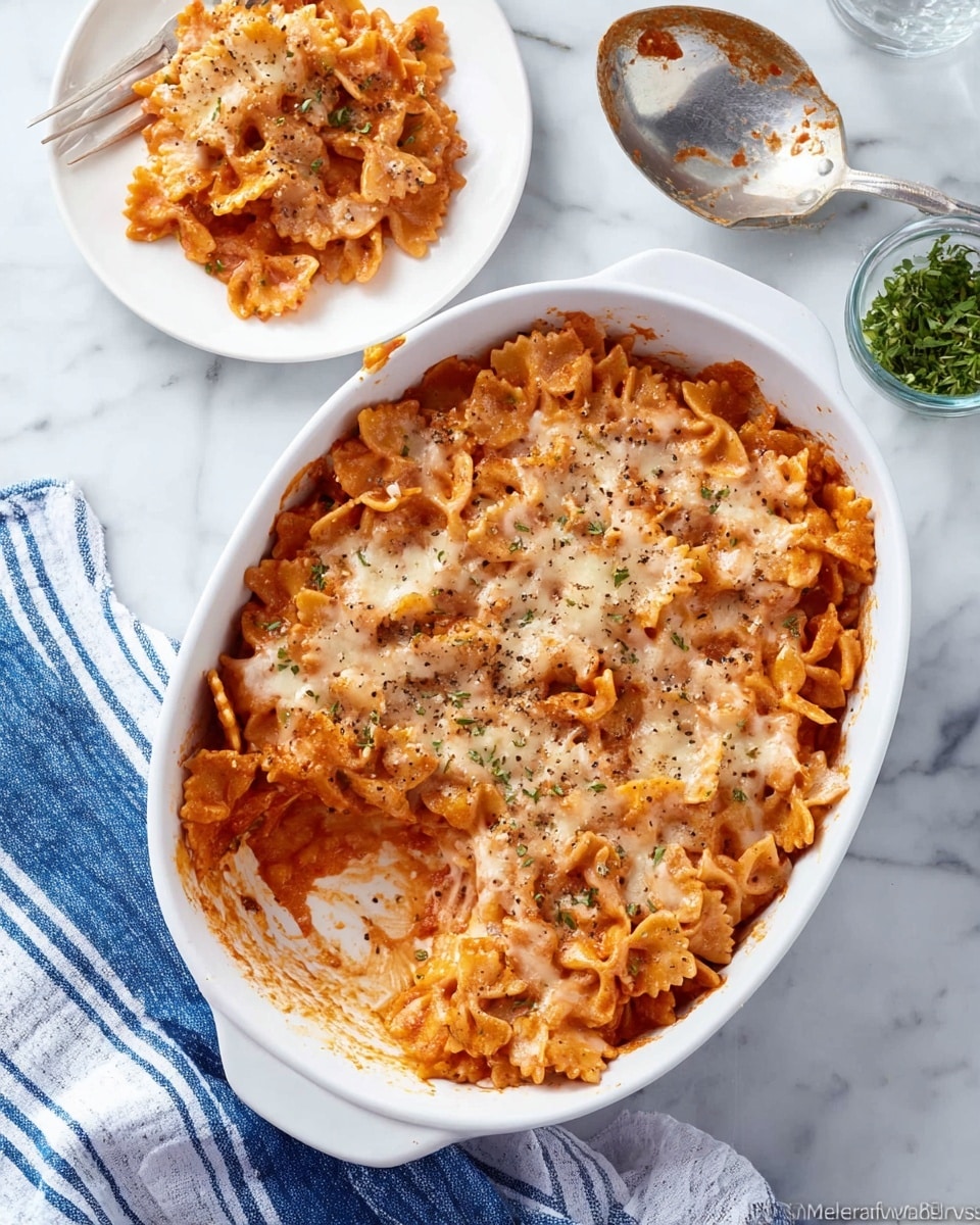 A white oval baking dish filled with a baked pasta dish consisting of three visible layers: a bottom layer of reddish-orange sauce mixed with bow-tie pasta, a middle layer of the same pasta coated in sauce, and a top layer of melted, light beige cheese sprinkled with black pepper. A scoop is taken out from one side showing the textured pasta and sauce inside. Nearby, a white plate holds a serving of the same pasta with sauce and a silver fork resting on the edge. The setting is on a white marbled surface, accompanied by a small glass bowl with herbs and a blue and white striped cloth napkin. A large metal serving spoon with some pasta residue lies next to the baking dish. Photo taken with an iphone --ar 4:5 --v 7
