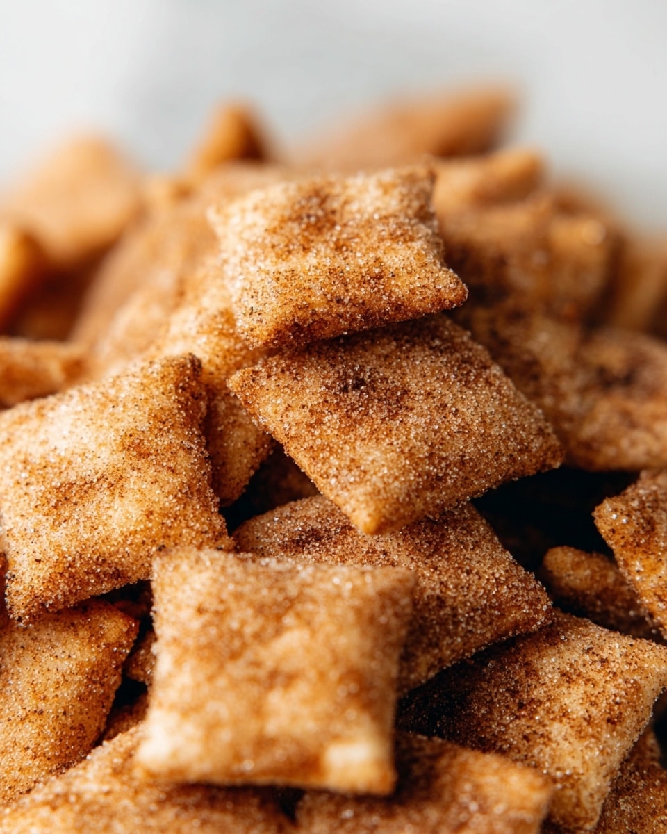 A close-up image shows many square-shaped pieces of crispy snack coated with a rough layer of cinnamon sugar. Each piece has a light brown color with darker specks of cinnamon scattered on the textured surface. The pieces overlap and form a small pile, with some squares tilted at different angles, highlighting their crunchy texture. The background is a soft white marbled texture that contrasts gently with the warm tones of the snack. photo taken with an iphone --ar 4:5 --v 7