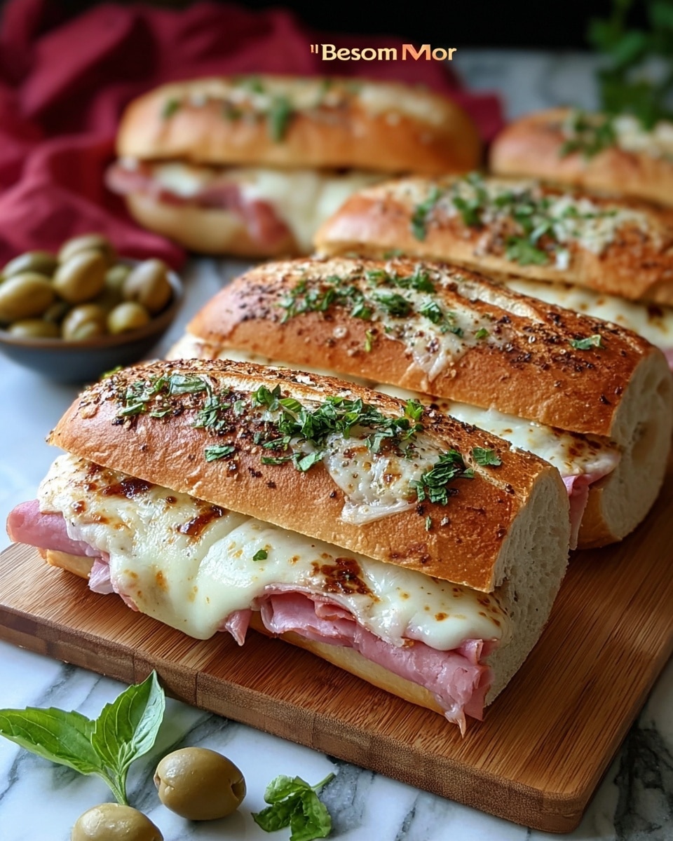 The image shows four sandwiches on a wooden cutting board, each made with a crusty, light brown baguette. Each sandwich has three main layers: a base layer of thinly sliced pink deli meat folded neatly, a generous middle layer of melted white cheese with browned spots, and a top layer of fresh green herbs sprinkled over the bread. The bread surface is lightly toasted with visible seasoning. In the foreground, some green olives and fresh leaves are placed beside the sandwiches on a white marbled surface with a red cloth nearby. The photo taken with an iphone --ar 4:5 --v 7