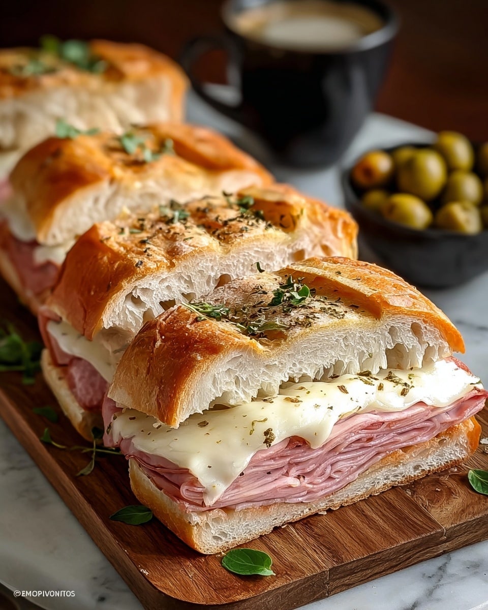 The image shows a sliced sandwich with three thick pieces placed in a row on a wooden board. Each sandwich has a crusty, light brown bread exterior with a soft white inside. Inside the sandwich, there is a layer of thin pink ham, topped with melted white cheese that has some herbs sprinkled on top. In the background, there is a small dark bowl filled with green olives on a white marbled surface. The sandwich is garnished with small fresh green leaves. photo taken with an iphone --ar 4:5 --v 7