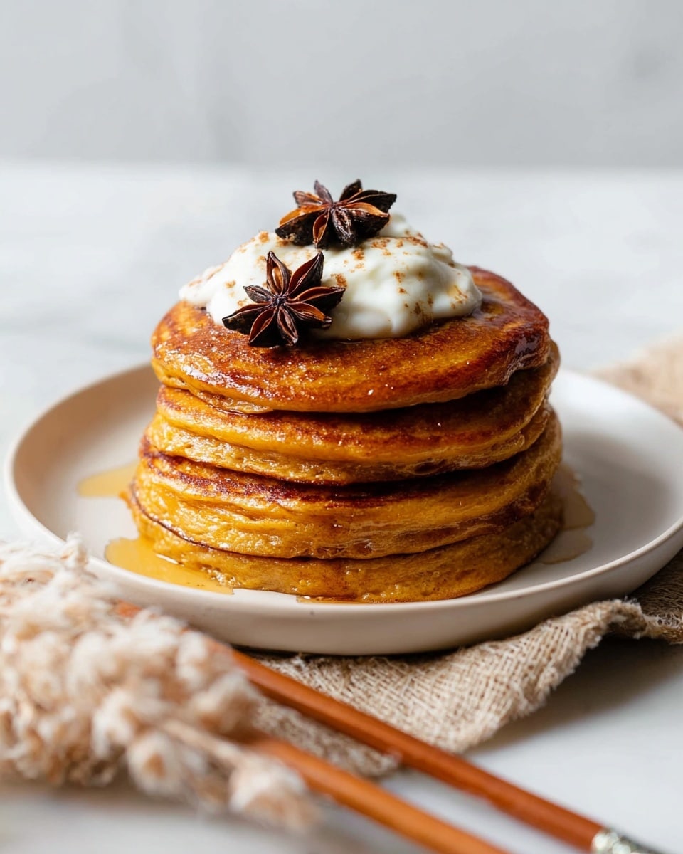 A stack of four thick golden brown pancakes sits on a white plate, each pancake fluffy with a slightly crispy edge. On top is a dollop of white cream that slightly melts and spreads, with two dark brown star anise pieces resting on the cream and the edge of the plate. Light amber syrup drips down the sides of the pancakes. The scene is set on a white marbled surface with a beige textured cloth partially visible in the foreground, accompanied by wooden chopsticks with silver tips. photo taken with an iphone --ar 4:5 --v 7