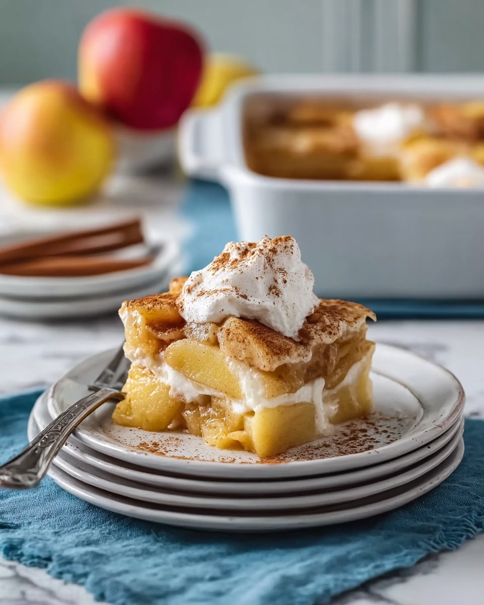 A glass baking dish filled with a golden-brown baked custard dessert, showing a slightly bubbled and crispy top layer with patches of soft, creamy yellow custard underneath. The dessert has visible baked slices of apple inside, with a light dusting of cinnamon on the top creating darker brown spots. The dish is placed on a wooden table next to three brown eggs, a silver butter knife, a tied bundle of cinnamon sticks, and a pale blue cloth towel. The background is a white marbled texture. Photo taken with an iphone --ar 4:5 --v 7