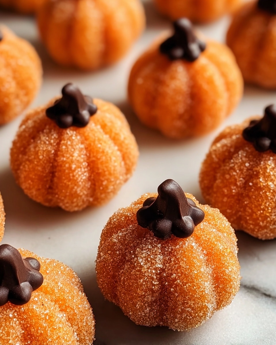 The image shows several small pumpkin-shaped cookies, each with a ridged, orange body coated in sparkling sugar crystals. On top of each cookie is a single, glossy dark chocolate chip shaped like a pumpkin stem. The cookies are arranged closely together on a white marbled surface with a soft focus background that keeps the front cookies sharp and clear. Some loose dark chocolate chips are scattered around the cookies, adding contrast and texture. photo taken with an iphone --ar 4:5 --v 7