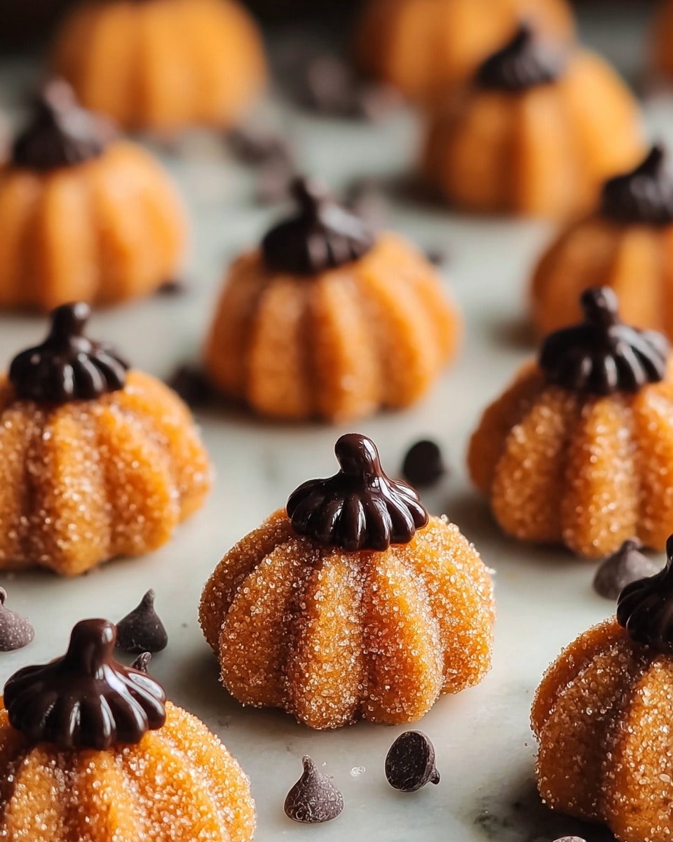 The image shows small round pumpkin-shaped treats arranged on a white marbled surface. Each treat has an orange sugar-coated layer giving a rough, sparkling texture. They have shallow vertical grooves creating the pumpkin look. On top of each, there is a small dollop of dark brown chocolate shaped like a stem. The treats are close to each other in rows but not touching. The colors mainly are bright orange with dark brown. The surface under them is smooth with faint white marbled patterns visible. photo taken with an iphone --ar 4:5 --v 7
