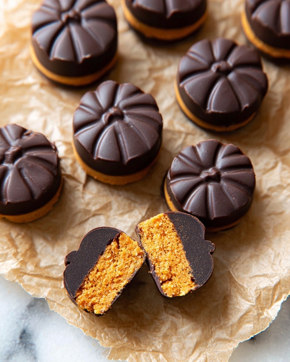 The image shows several small, round treats shaped like pumpkins, placed on crinkled parchment paper over a white marbled texture. Each treat has three clear layers: a dark brown top layer with a matte finish and curved grooves, a thick middle layer of bright orange with a crumbly texture, and a dark brown bottom layer matching the top. One treat is cut in half, showing the rough texture of the orange middle layer inside. The pumpkin shapes are arranged casually with some overlapping. photo taken with an iphone --ar 4:5 --v 7