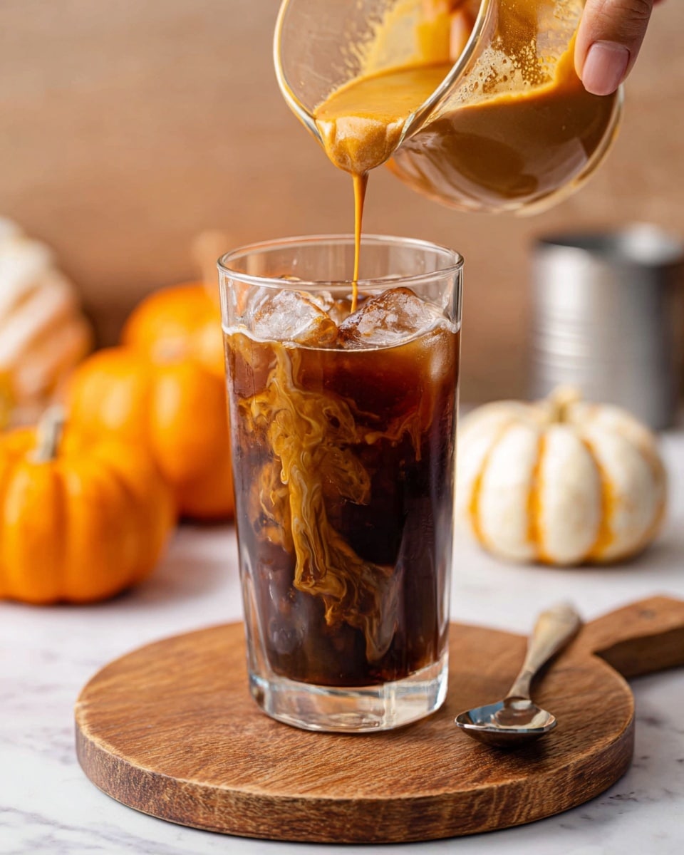 A clear glass filled with three distinct layers of a drink sits on a wooden board over a white marbled surface. The bottom layer is dark brown, the middle layer is a lighter brown color mixed with ice cubes, and the top layer is a creamy, light caramel hue being poured from a small glass container. Behind the glass are two small pumpkins, one orange and one white, blurred softly. There is a small bowl with a white spoon resting inside on the wooden board to the right of the glass. The scene is cozy and inviting, showcasing the different textures and colors of the drink. Photo taken with an iphone --ar 4:5 --v 7