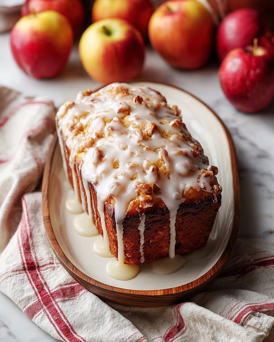 A rectangular loaf cake with a golden brown crust sits in the center of a white wooden board placed on a wooden slice. The cake is covered with thick white icing that drips down the sides and pools slightly on the board. The top layer features a chunky texture with visible nuts or chunks baked into the surface, creating a bumpy look under the smooth glaze. Around the cake are whole red and yellow apples resting on a white marbled surface, adding a warm, autumn feel to the scene. Photo taken with an iphone --ar 4:5 --v 7