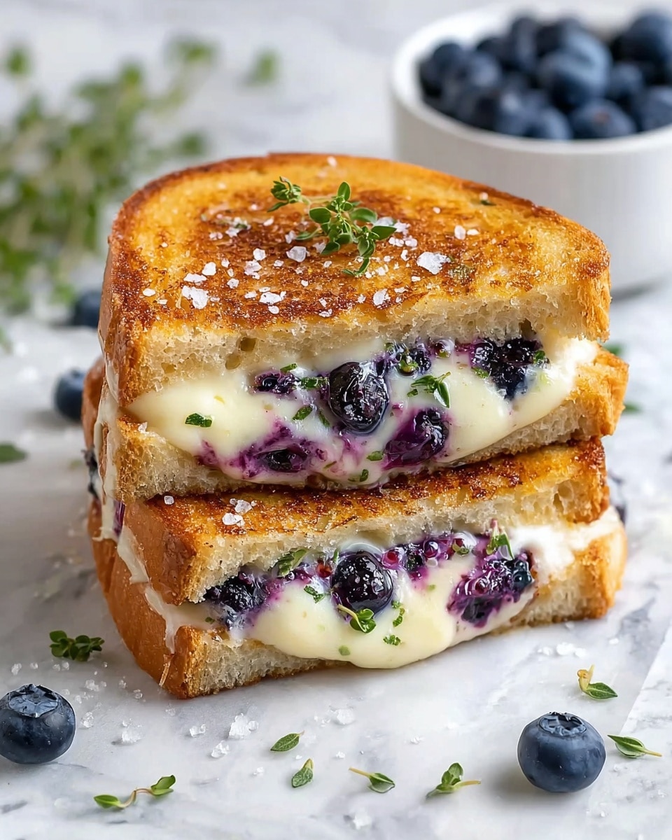 The image shows a grilled sandwich cut diagonally into two halves stacked on top of each other on a white marbled surface. The sandwich has two layers of golden brown toasted bread with a slightly crispy texture covered in large salt crystals. Inside, there is a thick layer of melted creamy white cheese mixed with whole fresh blueberries that show dark blue and purple colors. Small green herb leaves are scattered inside and around the sandwich, adding a fresh touch. In the background, there is a white bowl filled with blueberries. The scene is bright and fresh, with a clean white marbled surface underneath the sandwich and a few loose blueberries and herbs spread around. On top of the sandwich, there is a small sprig of green herbs. Photo taken with an iphone --ar 4:5 --v 7