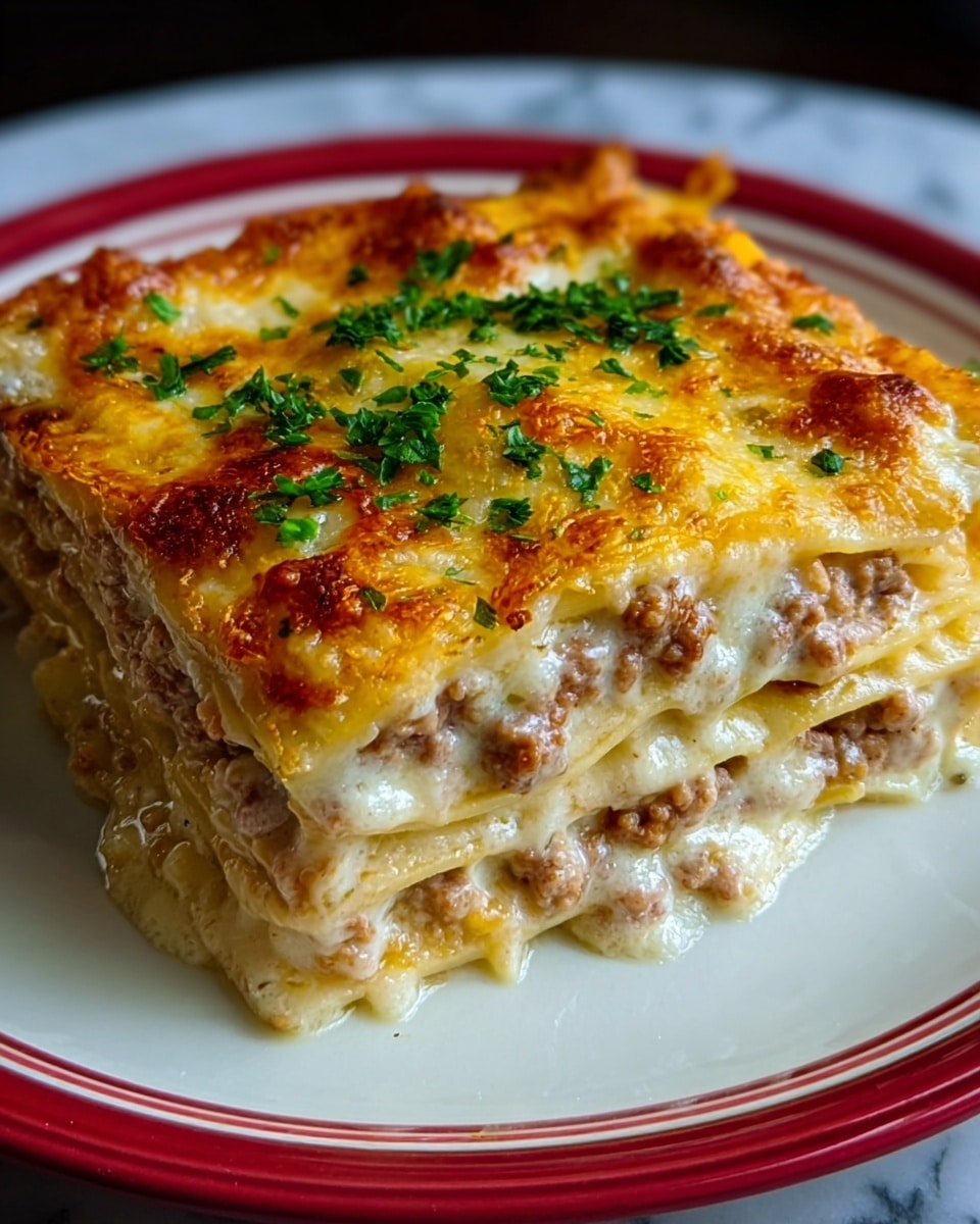 The image shows a close-up of a lasagna piece on a white plate with a red rim. The lasagna has several layers: the top layer is golden brown melted cheese with a bubbly texture and slightly browned spots, garnished with chopped green herbs in the middle. Below the cheese, there are alternating layers of creamy white sauce mixed with ground meat and pasta sheets, visible in soft beige and light brown colors. The sides show the thickness of the lasagna layers, stacked neatly. The plate is placed on a white marbled surface. photo taken with an iphone --ar 4:5 --v 7