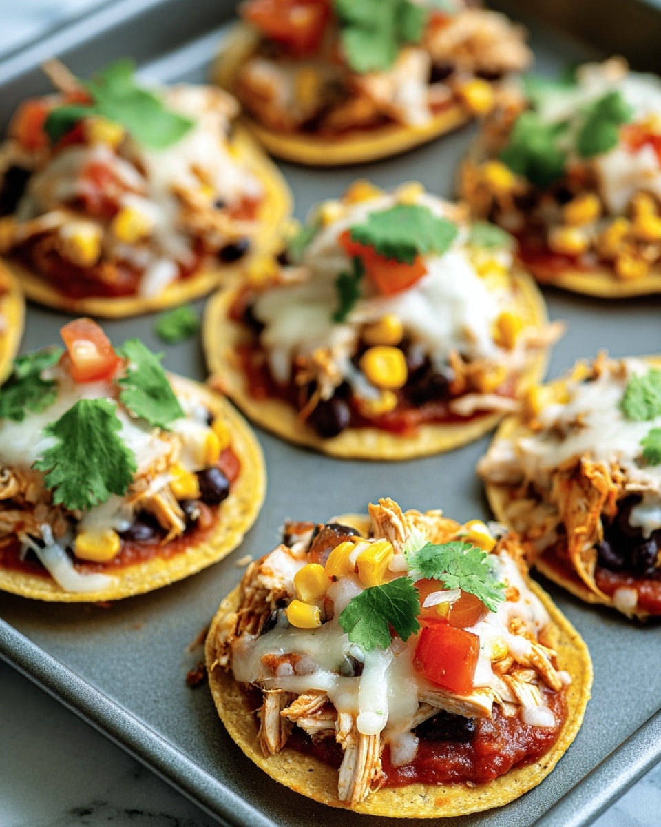 The image shows several small tostadas arranged on a gray tray with a white marbled background. Each tostada has a base layer of a round yellow corn tortilla, topped with a layer of red salsa. On top of the salsa is a layer of shredded white chicken meat mixed with black beans and bright yellow corn kernels. The next layer has melted white cheese, which is slightly bubbly and soft, covering the chicken and beans. Fresh green cilantro leaves and small pieces of red tomato are spread on top as the final garnish, adding a fresh and colorful touch. The tostadas appear crispy and well-filled, with layers clearly visible. photo taken with an iphone --ar 4:5 --v 7