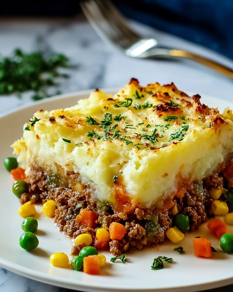 A square piece of shepherd's pie on a white plate, showing three layers: the bottom layer is browned cooked ground meat mixed with yellow corn and green peas, the middle layer is smooth creamy mashed potatoes, and the top layer is a golden-brown baked cheese crust sprinkled with chopped green herbs. The plate is set on a white marbled surface with a blurred fork in the background. photo taken with an iphone --ar 4:5 --v 7