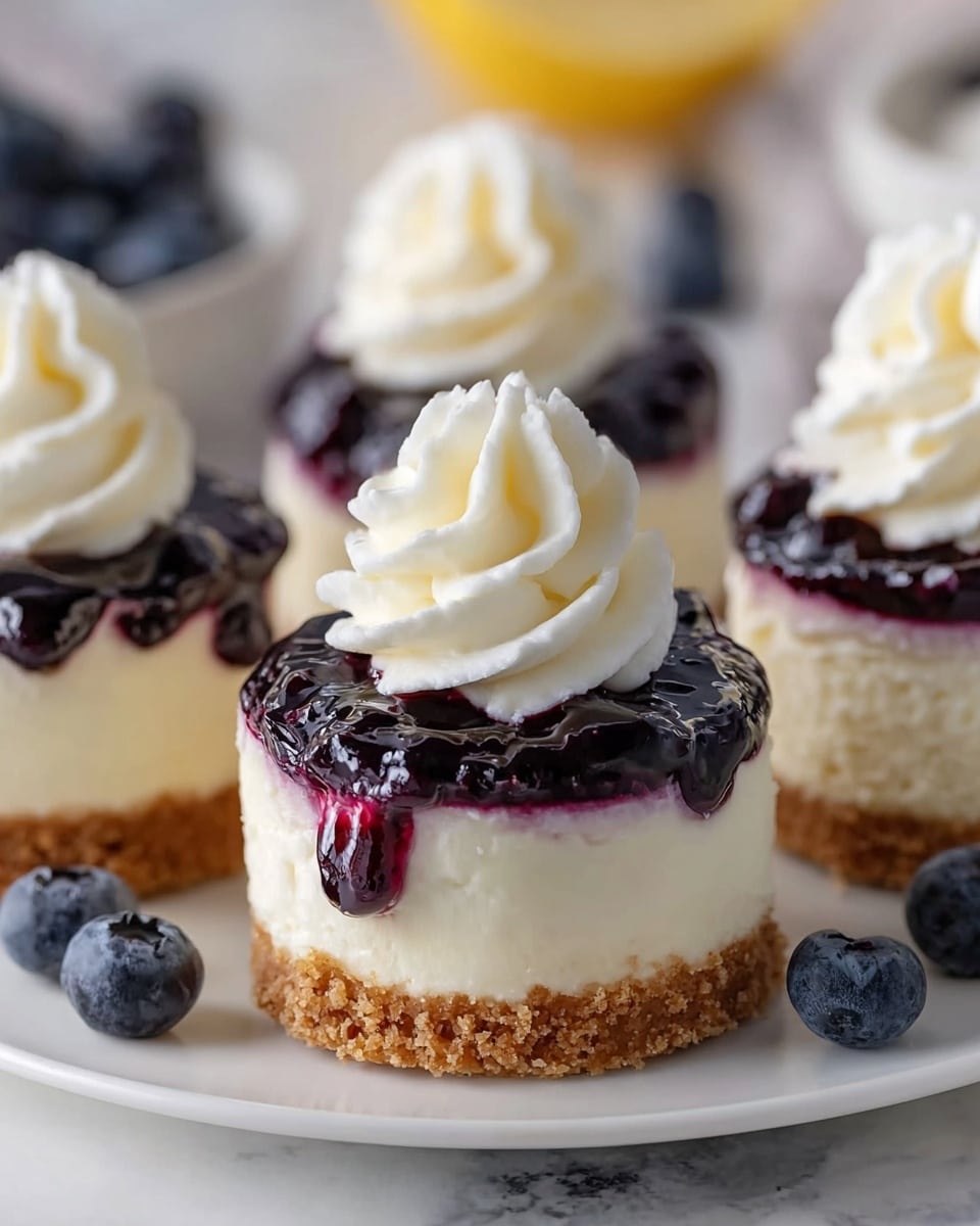 The image shows small round cheesecakes with three distinct layers on a white plate placed on a white marbled surface. The bottom layer is a light brown crumbly crust, the middle layer is creamy white cheesecake, and the top layer is a shiny dark purple blueberry topping that drips slightly over the sides. Each cheesecake is topped with a swirl of smooth white whipped cream. Some fresh blueberries are visible in the background, adding a touch of blue to the scene. Photo taken with an iphone --ar 4:5 --v 7