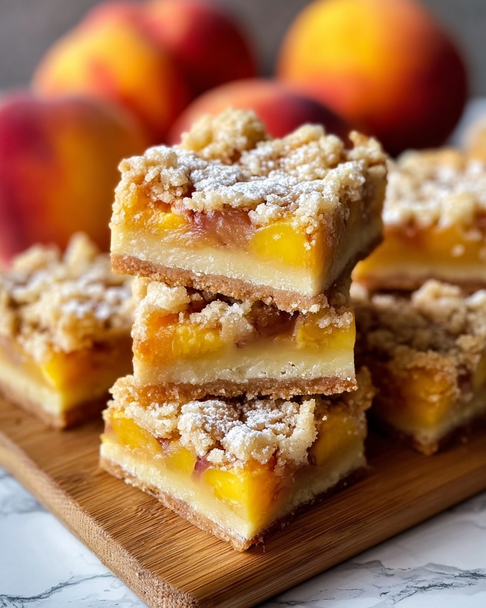 The image shows several square peach crumb bars stacked on a wooden board over a white marbled surface. Each bar has three visible layers: the bottom layer is a light golden crust that looks firm and slightly crumbly, the middle layer is a soft, creamy yellow filling with peach slices embedded in it, and the top layer is a rough crumbly streusel with a dusting of powdered sugar and more peach pieces. In the background, blurred whole peaches add color and context. The bars are well-lit with a close-up focus, showing the texture and juiciness of the peaches clearly. Photo taken with an iphone --ar 4:5 --v 7
