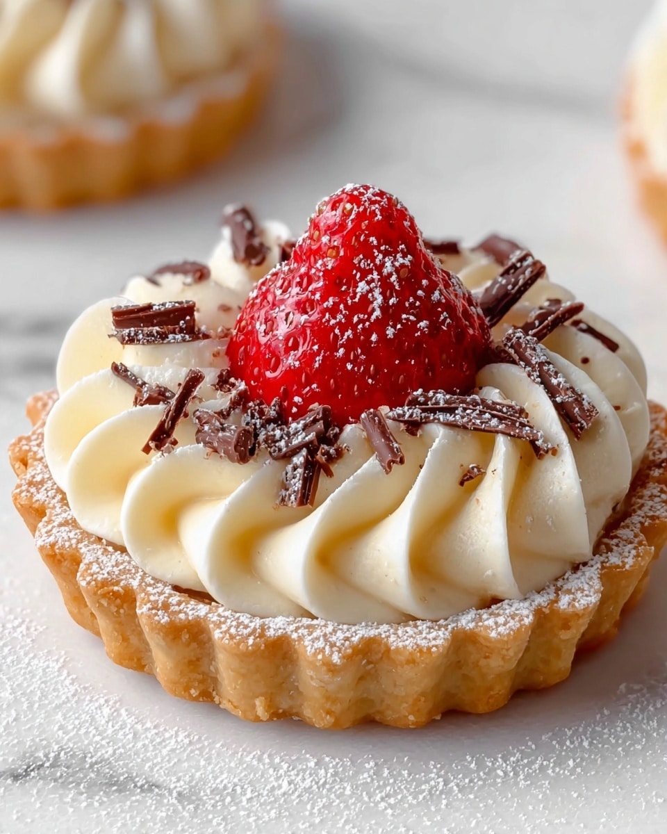 The image shows a close-up of a small tart with three visible layers. The bottom layer is a golden-brown pastry crust with scalloped edges, dusted lightly with powdered sugar. Above the crust is a thick, creamy white filling with a smooth texture, piped in swirled peaks forming a ring. On top of the cream sits a bright red strawberry, whole and glossy, centered perfectly. Around the strawberry and on the cream are small dark chocolate shavings scattered for decoration. The tart rests on a white plate on a white marbled surface, giving a clean and simple look. Photo taken with an iphone --ar 4:5 --v 7