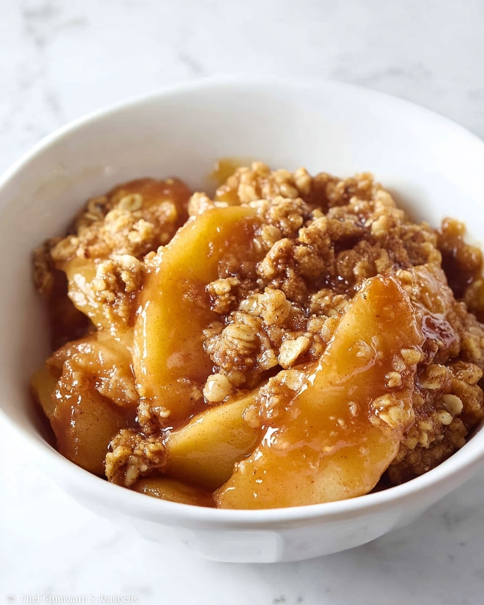 A white bowl filled with a warm dessert showing about two layers: the bottom layer is made of soft, sliced apples in a golden-brown syrup, and the top layer is a crumbly, oat-based topping with a crunchy texture and light brown color, slightly glossy from the syrup seeping through. The apple slices are thick and coated in a sticky, caramel-like glaze that shines under the light. The crumb topping has an uneven surface with small chunks and flakes, giving a rustic look. The bowl sits on a white marbled texture. photo taken with an iphone --ar 4:5 --v 7