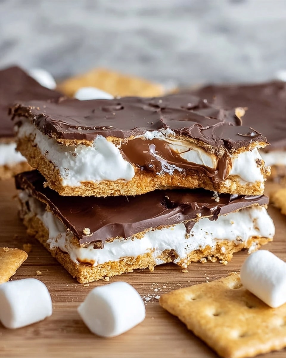 The image shows two s'mores bars stacked on a wooden surface with a white marbled texture background. Each bar has three clear layers: a bottom layer of golden-brown cracker with a rough texture, a thick middle layer of soft, white marshmallow that looks fluffy and gooey, and a top layer of smooth, melted dark brown chocolate cracked in places. One bar is partly broken, revealing the gooey marshmallow and cracker inside, with bits of marshmallow sticking to the chocolate. Small square crackers and marshmallows are scattered around the bars on the white marbled surface. photo taken with an iphone --ar 4:5 --v 7