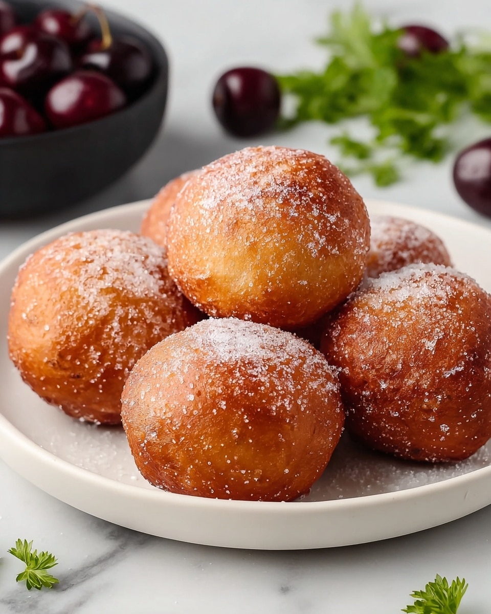 The image shows a white plate holding five round doughnut holes, each golden brown with a light dusting of powdered sugar on top, giving a slightly rough texture. The doughnut holes are evenly spaced, slightly raised with a crispy exterior. In the background, there is a blurred black bowl filled with dark red cherries, and a few cherries and bright green parsley leaves are scattered on a white marbled surface around the plate, adding a fresh contrast to the warm tones of the doughnut holes. photo taken with an iphone --ar 4:5 --v 7
