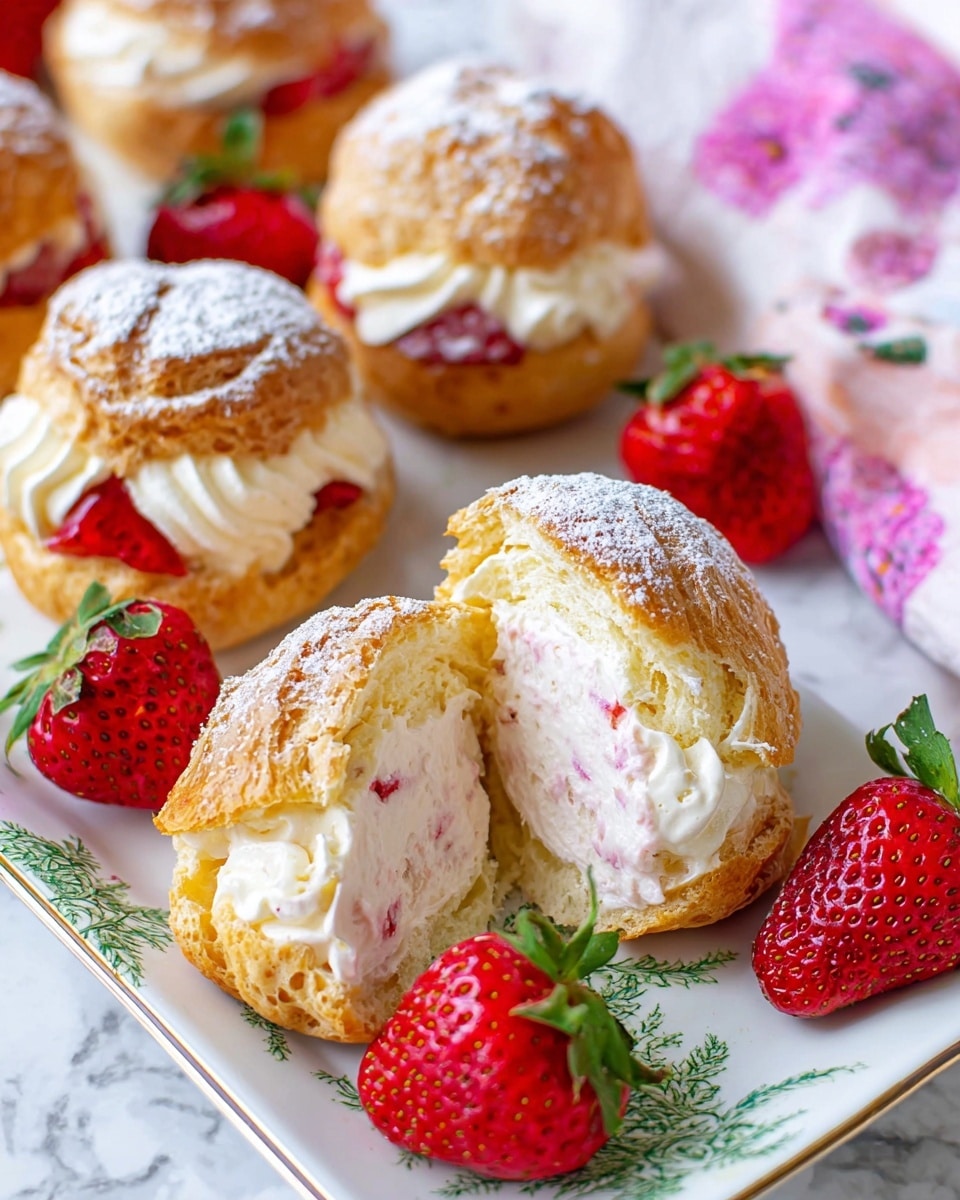 The image shows cream puffs on a white rectangular plate with a green leaf pattern along the edge, placed on a white marbled surface. Each cream puff has a golden brown top dusted lightly with powdered sugar, sitting on a bottom layer of light puff pastry. Inside, there is a thick, fluffy cream filling with small red strawberry bits incorporated, visible in the two halves of one cream puff in the front. Around the cream puffs, there are fresh, bright red strawberries with green leaves, adding vibrant color to the scene. The setting includes a soft pink and white floral cloth partially visible on the right side. Photo taken with an iphone --ar 4:5 --v 7