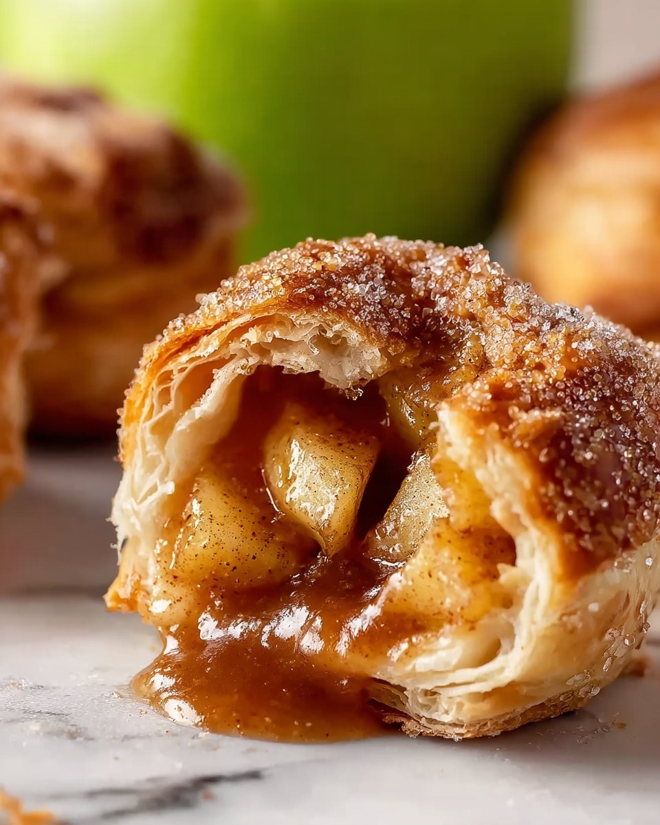 The image shows a close-up of a half-eaten apple pastry with a flaky, golden-brown outer crust covered in large sugar crystals. Inside, there are soft, thick apple slices coated in a warm, glossy cinnamon sauce that is oozing slightly out of the pastry. The background has a white marbled texture with blurred shapes suggesting other pastries and a green apple behind. The lighting highlights the sparkle of the sugar and the juicy texture of the apple filling. photo taken with an iphone --ar 4:5 --v 7