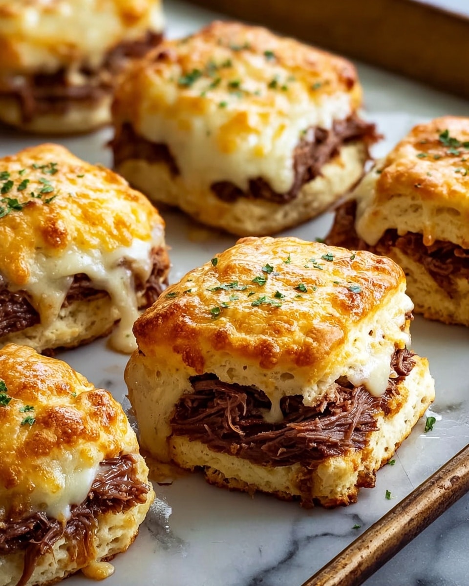 The image shows several sandwiches on a baking sheet with a white marbled texture beneath. Each sandwich has three visible layers: the bottom layer is a flaky biscuit with a light golden brown crust; the middle layer consists of shredded, tender beef with a deep brown color and a slightly moist texture; the top layer is a thick melted cheese topping, golden and bubbly on the surface, sprinkled with small green herbs. The sandwiches appear warm and freshly baked, with the cheese slightly dripping over the sides. Photo taken with an iphone --ar 4:5 --v 7