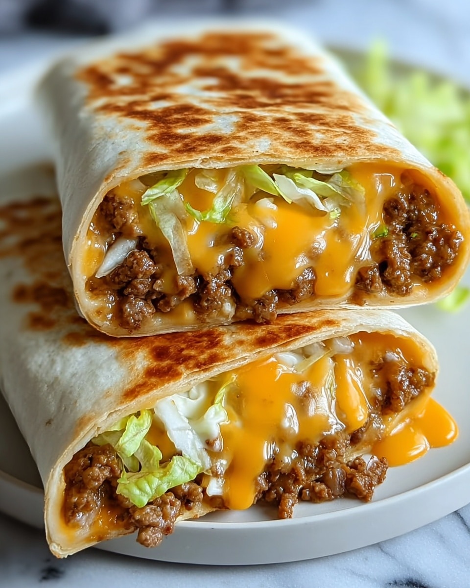 The image shows two halves of a burrito stacked on a white plate, each cut side facing the camera to reveal the inside layers. The outer layer is a golden toasted flour tortilla with visible grill marks. Inside, the first layer is melted orange cheddar cheese oozing out and dripping slightly, followed by small bits of ground browned beef mixed with finely chopped white onions and some shredded green lettuce. Beneath this is a second layer of white melted cheese that blends into the beef and cheese above. The white plate sits on a white marbled surface visible in soft focus in the background. photo taken with an iphone --ar 4:5 --v 7