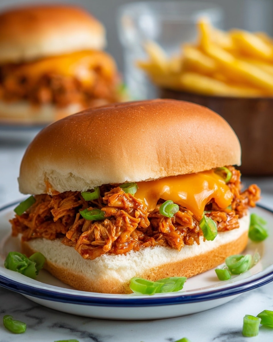 A sandwich with a soft, light brown bun that has a smooth texture on the top layer, sitting on a white plate with blue trim. Inside, there are two main layers: the bottom layer is filled with chunky, saucy shredded meat that has a reddish-brown color and a soft, somewhat textured look, and above it is a melted, bright orange cheese layer with a glossy, smooth texture. Green onion slices are scattered on top of the cheese and around the plate, adding a fresh green contrast. In the blurry background, another similar sandwich and a glass of yellow fries can be seen, all placed on a white marbled surface. photo taken with an iphone --ar 4:5 --v 7