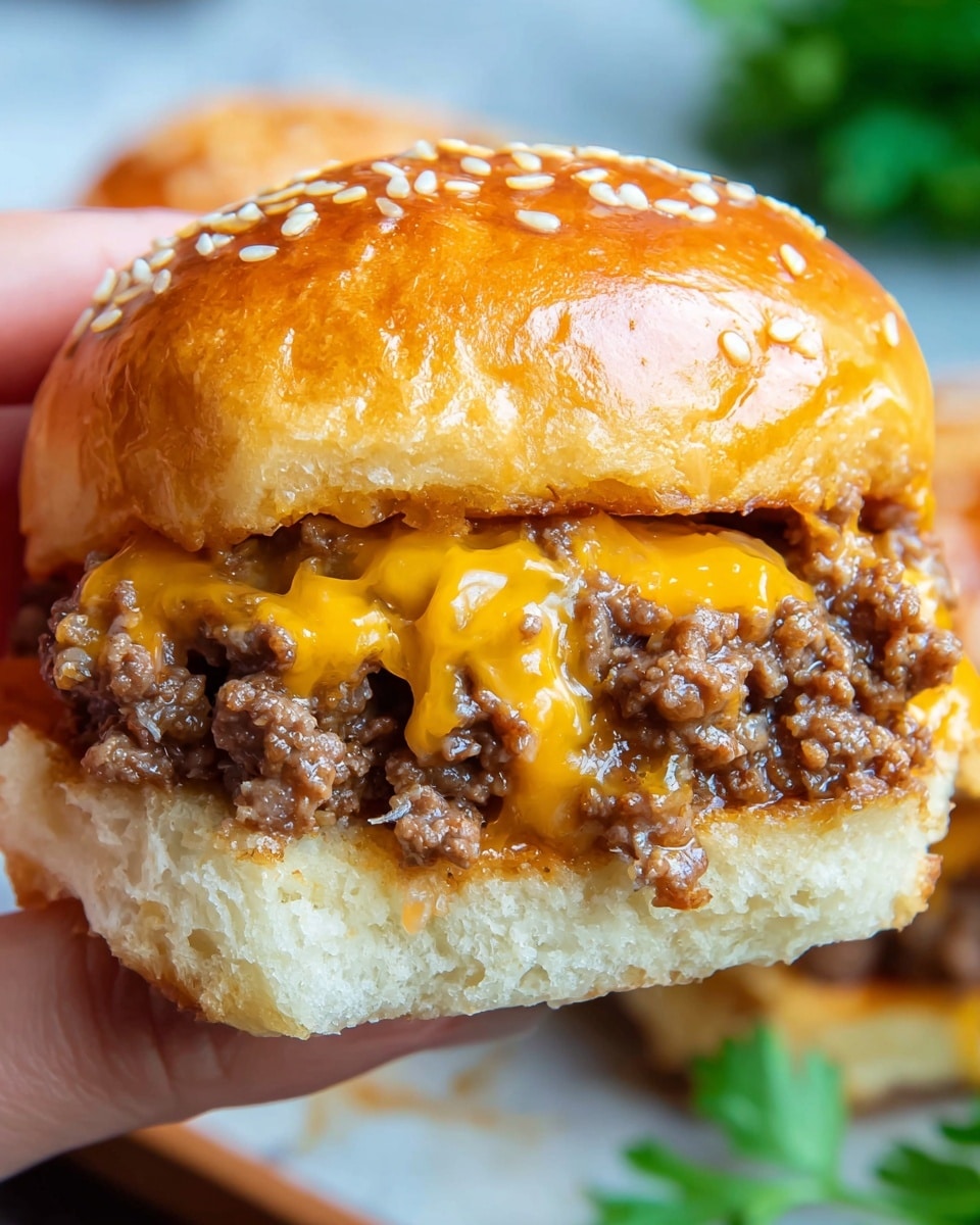A close-up of a small cheeseburger held by a woman's hand, showing two layers inside the bun: the bottom layer is a soft, light beige sandwich bun, topped with a thick layer of cooked ground beef mixed with bits of onion, and the top layer has melted bright orange cheddar cheese oozing slightly over the meat, all enclosed by a shiny golden-brown sesame seed bun. The background is a white marbled texture with hints of green garnish blurred in the distance. Photo taken with an iphone --ar 4:5 --v 7