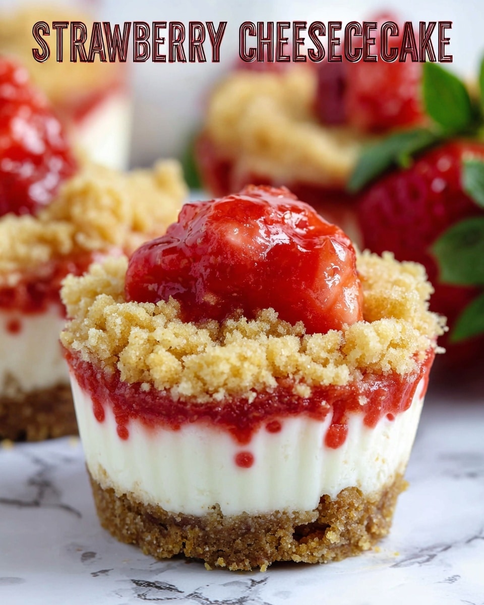 A close-up view of a mini strawberry cheesecake showing four layers, starting with a dense, golden brown crumbly crust at the bottom. Above that is a thick, smooth, creamy white cheesecake layer. Next is a bright red, glossy strawberry topping with small pieces of fruit visible, sitting just on top of the cheesecake. The top layer is a rough, light golden crumb topping, uneven and chunky, giving a crunchy texture. The dessert is sitting in a white cupcake liner with red spots, placed on a white marbled surface. The background includes blurred fresh strawberries and green leaves. Photo taken with an iphone --ar 4:5 --v 7