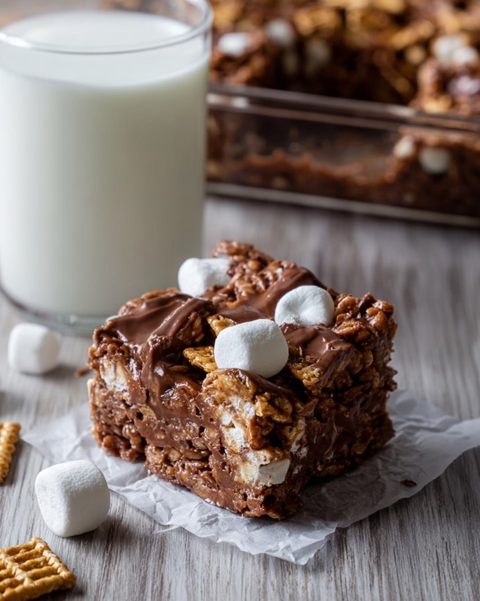 The image shows a close-up of a square-shaped chocolate dessert bar on a small piece of white parchment paper, resting on a white marbled surface. The bar consists of several rough layers made of crunchy cereal squares mixed with melted chocolate, giving it a glossy, smooth texture on top. Small white marshmallows are scattered both on top and partially within the bar, adding a soft contrast to the crunchy cereal and shiny chocolate layers. A few cereal pieces sit loose around the bar. In the background, a clear glass filled with milk stands on the white marbled surface, with part of a baking dish filled with more dessert bars visible but blurred behind it. photo taken with an iphone --ar 4:5 --v 7