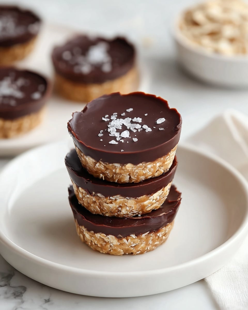 A stack of three small round treats sits centered on a white plate with a white marbled surface beneath. Each treat has two distinct layers: the bottom layer is beige and textured, made of oats bound together, while the top layer is a smooth, dark chocolate with a glossy finish, sprinkled lightly with coarse sea salt flakes. The edges of the chocolate layer show a slightly uneven, natural edge that hugs the oat base tightly. In the background, more of these treats are visible, slightly out of focus, sitting directly on the white plate. Nearby, a small white bowl contains loose oats, all set on the white marbled surface. photo taken with an iphone --ar 4:5 --v 7