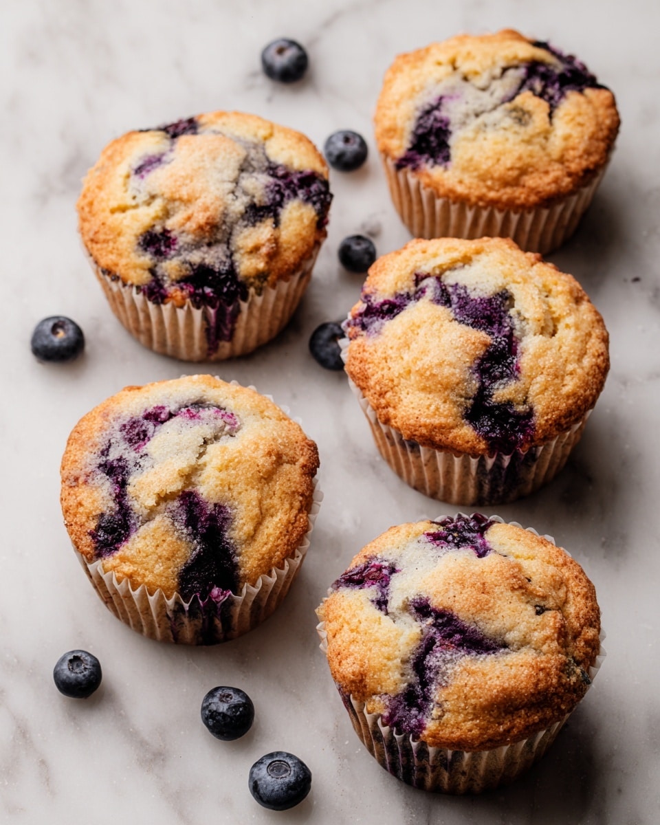 The image shows a blueberry muffin split in half and placed inside a white cupcake liner on a white marbled surface. The muffin has a golden-brown top layer with a soft, crumbly texture. Inside, the layers reveal a moist, light-colored cake with deep purple-blue spots of cooked blueberries scattered throughout, adding a juicy texture. Blueberry juice stains the paper liner and parts of the muffin edges. In the top right corner, there is another whole muffin in a white liner, showing a bumpy golden top with a visible whole blueberry embedded in the surface. A few small crumbs are scattered on the marble around the muffins. photo taken with an iphone --ar 4:5 --v 7