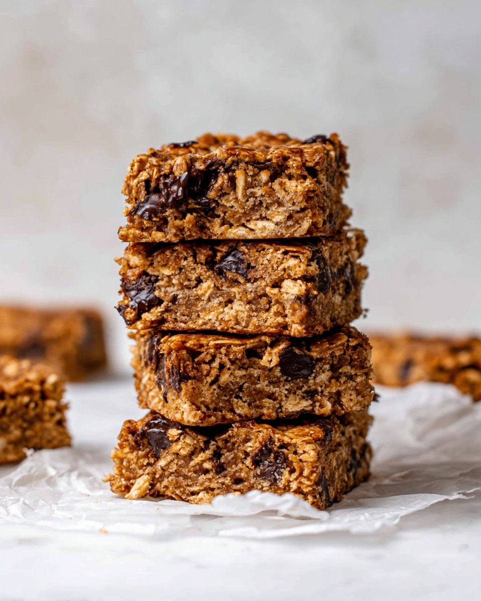 A stack of four thick, square baked oat bars rests on a crumpled sheet of white parchment paper on a white marbled surface, each bar showing a dense texture filled with bits of dark chocolate and oats. The bars have a golden-brown color with darker patches where the melted chocolate pools smoothly, creating a slightly glossy effect on the top and along the sides. Small visible oats and nut bits add a rough, crumbly texture to the bars, while the edges look firm but soft. In the background, more oat bars can be seen slightly out of focus on the same white marbled texture. photo taken with an iphone --ar 4:5 --v 7