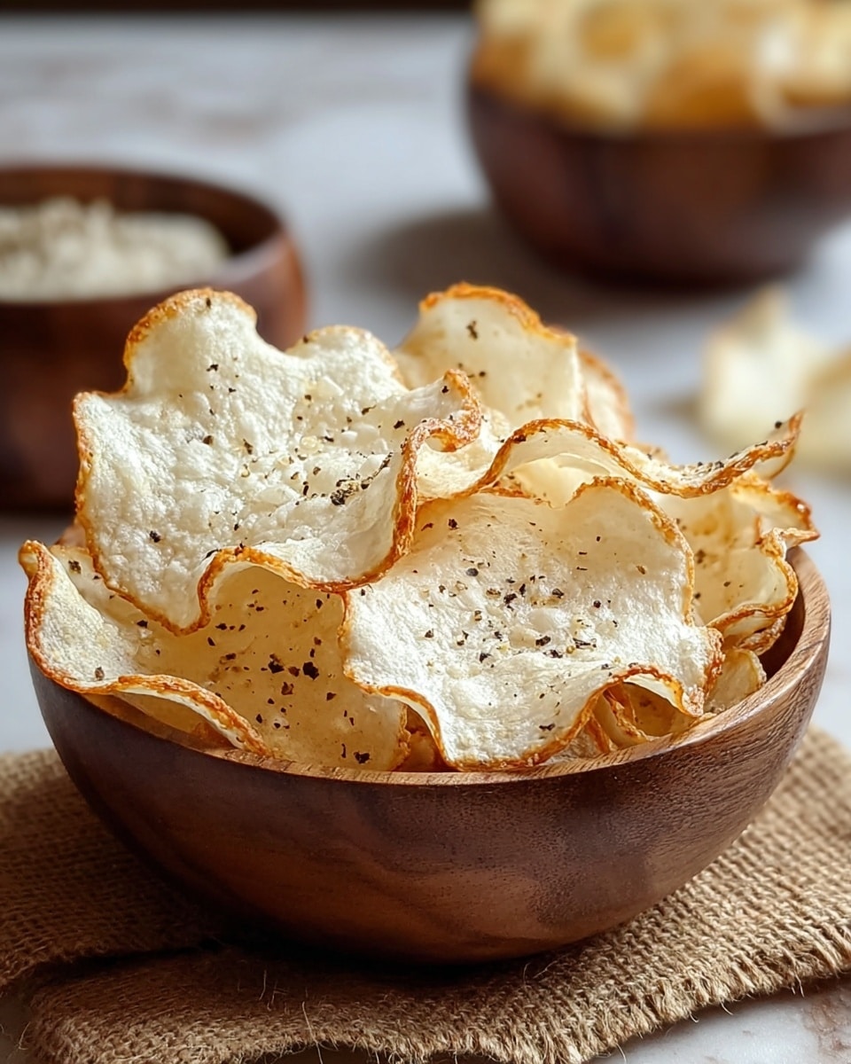 A wooden bowl filled with thin, crispy white chips that have golden brown edges and a light, bumpy texture on top. The chips are scattered with small black pepper specks and stacked loosely, showing their curled and uneven shapes. The bowl rests on a burlap cloth over a white marbled surface, with blurred bowls in the background. Photo taken with an iphone --ar 4:5 --v 7