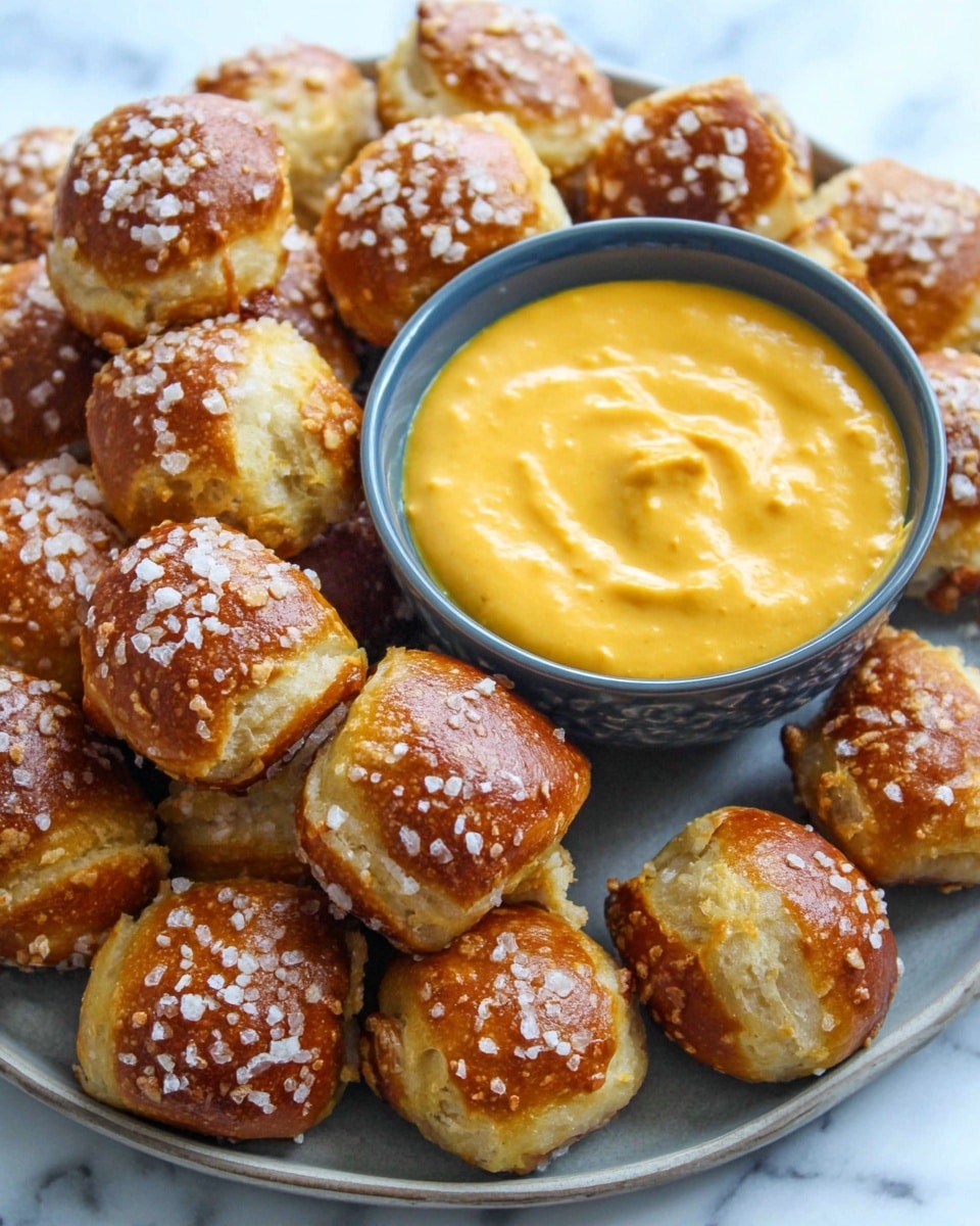 A close-up view of a gray plate filled with small, golden-brown pretzel bites sprinkled with coarse salt crystals, positioned in a loose ring around a dark blue round dipping bowl of creamy, bright orange sauce with a smooth texture. The pretzel bites have a slightly rough surface with some cracks showing the soft dough inside. More pretzel bites are scattered on the white marbled surface around the plate. photo taken with an iphone --ar 4:5 --v 7