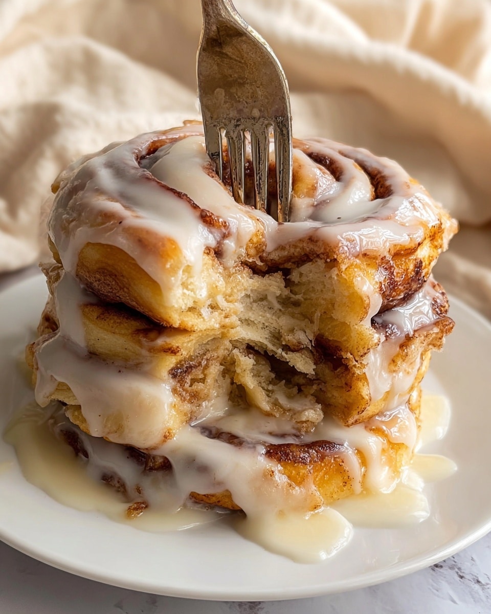 A stack of five thick cinnamon rolls with visible swirls of brown cinnamon filling and a soft, golden-brown dough layer beneath, all coated in a shiny, creamy white glaze that drips down the sides and pools slightly on the white plate below. A fork is digging into the top roll, breaking it apart to reveal a tender inside with sticky glaze. The background shows soft beige fabric, and the whole scene rests on a white marbled surface. photo taken with an iphone --ar 4:5 --v 7