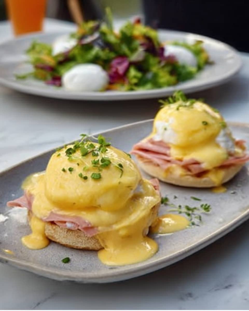 The image shows two servings of eggs Benedict on a white plate placed on a white marbled surface. Each serving has a base layer of a golden brown toasted English muffin or biscuit, topped with reddish-brown crispy bacon, followed by a bright white, smooth poached egg. The eggs are covered with a thick layer of bright yellow hollandaise sauce that slightly spills over the sides. Small green herb pieces are sprinkled on top of the sauce. At the left edge of the plate, there is a small clear glass with red sauce inside and some green lettuce leaves behind it. Photo taken with an iphone --ar 4:5 --v 7