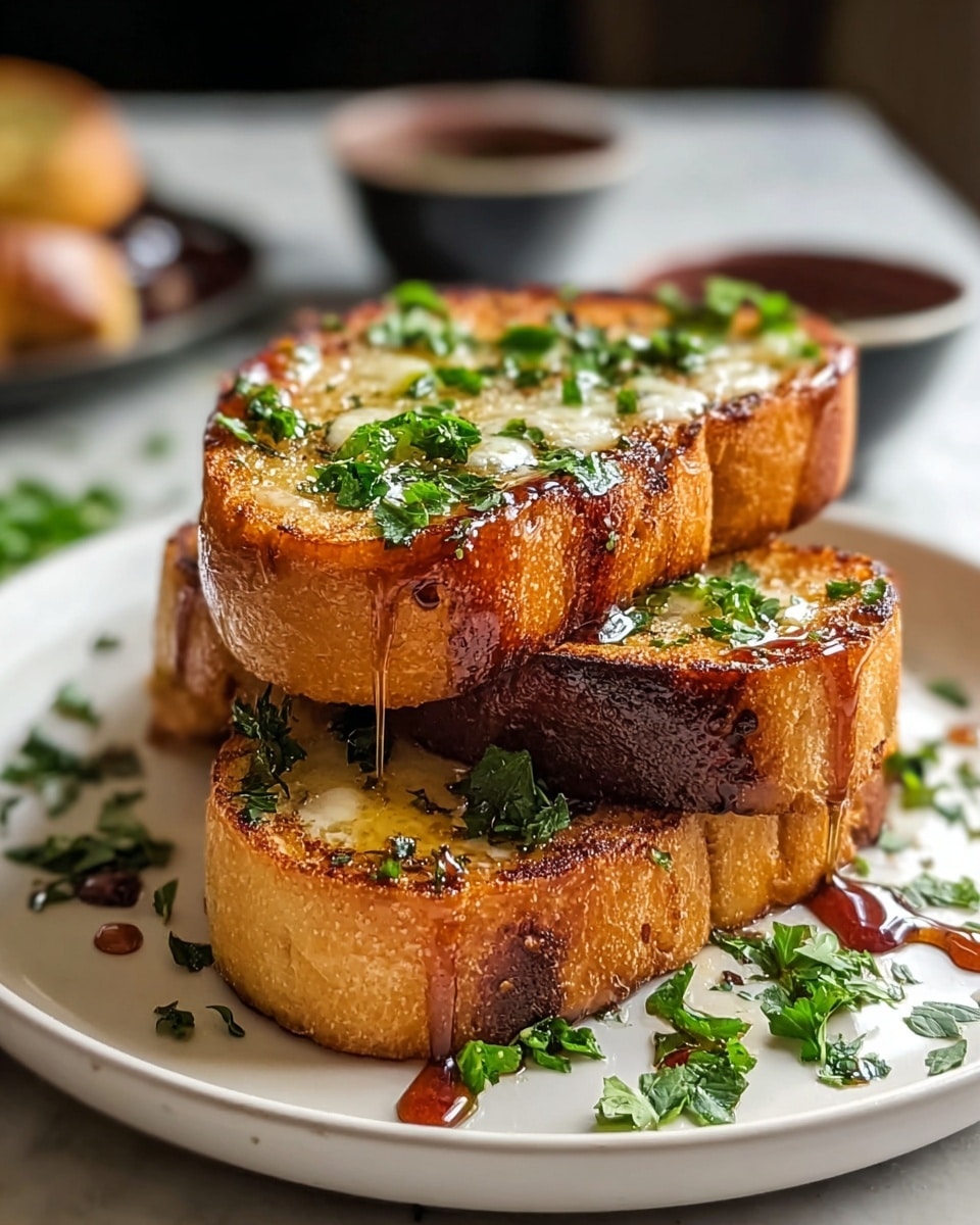 The image shows a stack of three thick slices of golden-brown toasted bread on a white plate, each slice with a crispy, slightly charred crust and a soft interior. The top two slices are layered with melted butter that shines and drips down the sides, along with scattered droplets of a dark syrup. Fresh green chopped herbs are sprinkled generously across the bread and plate, adding bright contrast to the warm tones. The plate sits on a white marbled surface, softly blurred background with hints of small dark bowls. Photo taken with an iphone --ar 4:5 --v 7