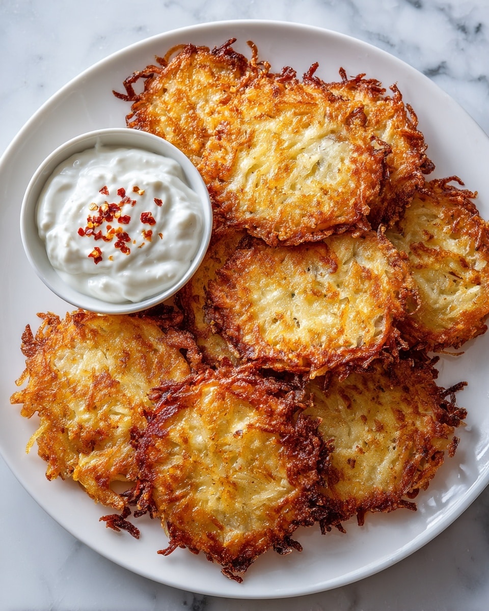 The image shows a white plate filled with a stack of golden-brown potato latkes, each with a crispy, textured surface and slightly uneven edges. They are arranged in a loose pile, revealing their round shape and the shredded potato texture inside. On the top left of the plate, there is a small white bowl filled with creamy white sour cream, topped with a few red chili flakes. The plate sits on a white marbled surface that adds a subtle, elegant background to the scene. Photo taken with an iphone --ar 4:5 --v 7