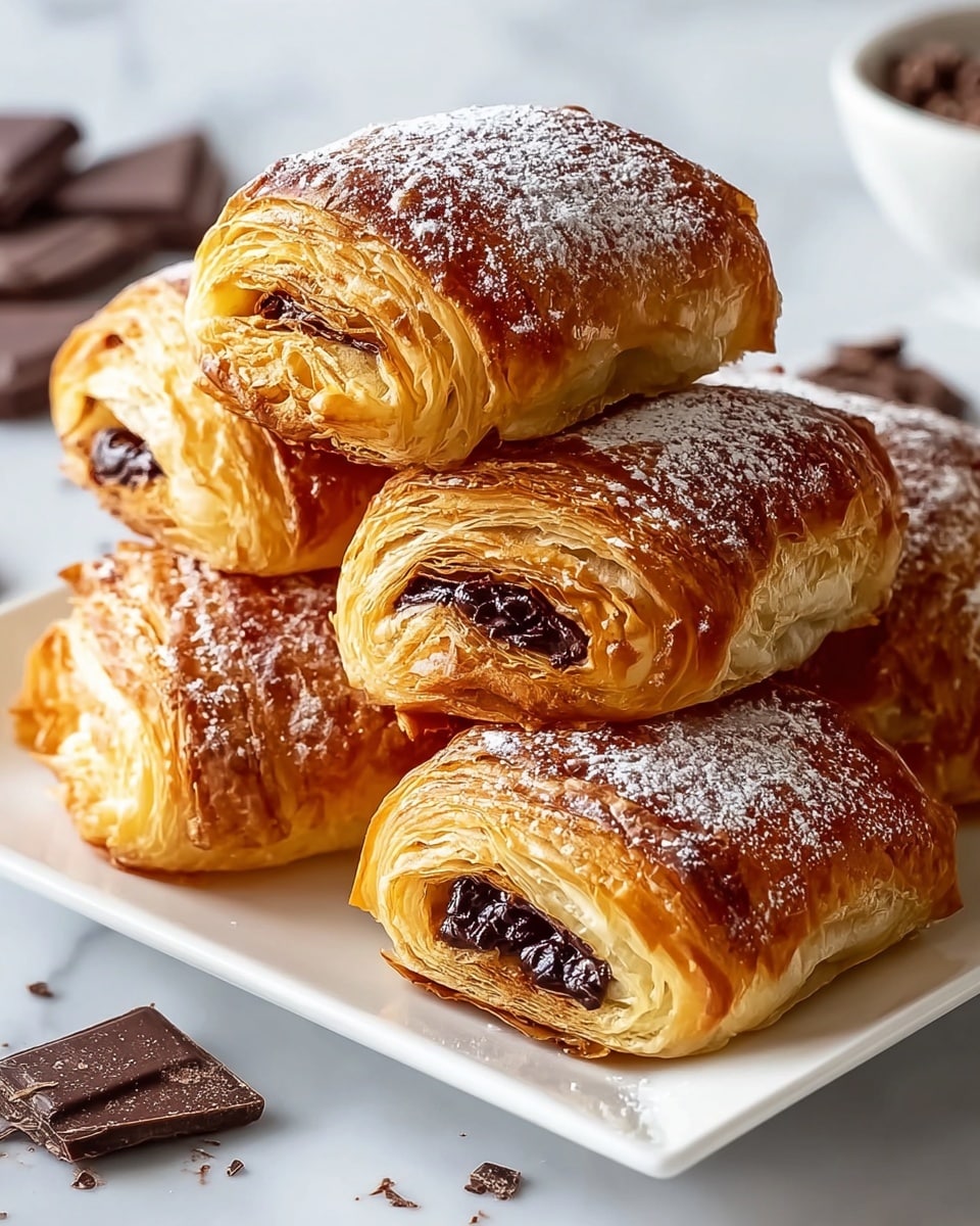 This image shows a close-up of six golden-brown pain au chocolat pastries stacked on a white square plate over a white marbled surface. Each pastry has about five visible flaky layers with a glossy, crispy outside texture and a dark chocolate filling peeking out from the middle. A light dusting of powdered sugar is sprinkled over the top of the pastries. Around the plate, there are small pieces of dark chocolate scattered on the white marbled surface for decoration. The lighting highlights the flaky layers and the shiny chocolate inside. photo taken with an iphone --ar 4:5 --v 7
