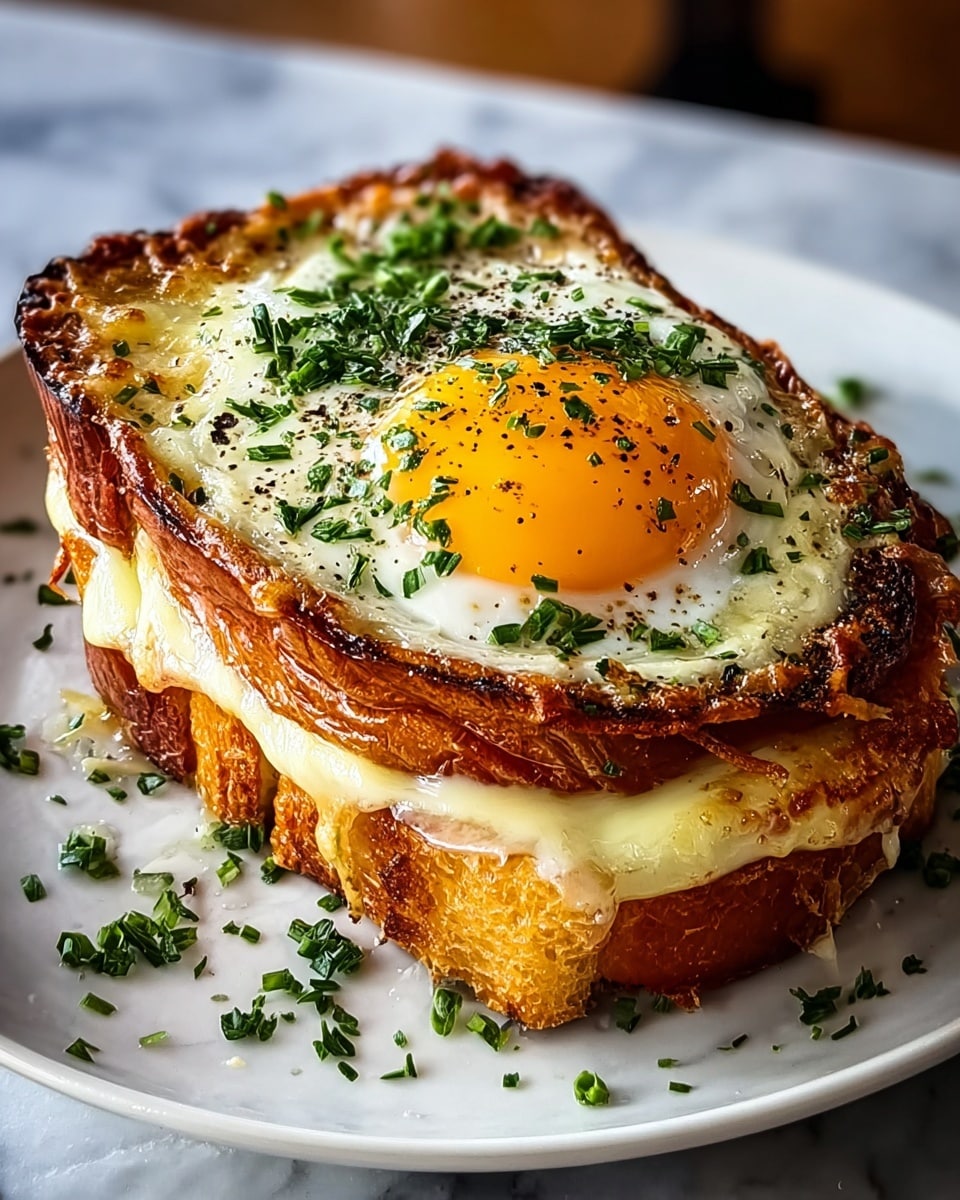 A toasted sandwich sits on a white plate with a thick slice of golden-brown, slightly crispy bread forming the base layer. The middle layer is creamy melted cheese oozing over the edges. The top layer is a fried egg with a firm, slightly browned edge, a glossy yolk in the center sprinkled with chopped green herbs and black pepper. Small bits of herbs are also scattered around the plate. The whole dish contrasts with a white marbled background. photo taken with an iphone --ar 4:5 --v 7