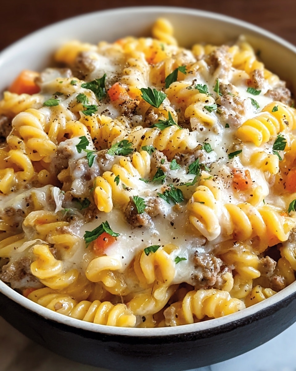 The image shows a close-up of baked macaroni and cheese in a small round white bowl. The dish has one visible layer, with creamy pasta coated in golden melted cheese that has browned slightly on top. Small chunks of ground meat are mixed throughout the pasta and cheese, with green herb pieces scattered on the surface for color contrast. The cheese surface has a smooth, glossy texture with some crispy spots. The white bowl sits on a white marbled surface, creating a clean and bright background. photo taken with an iphone --ar 4:5 --v 7