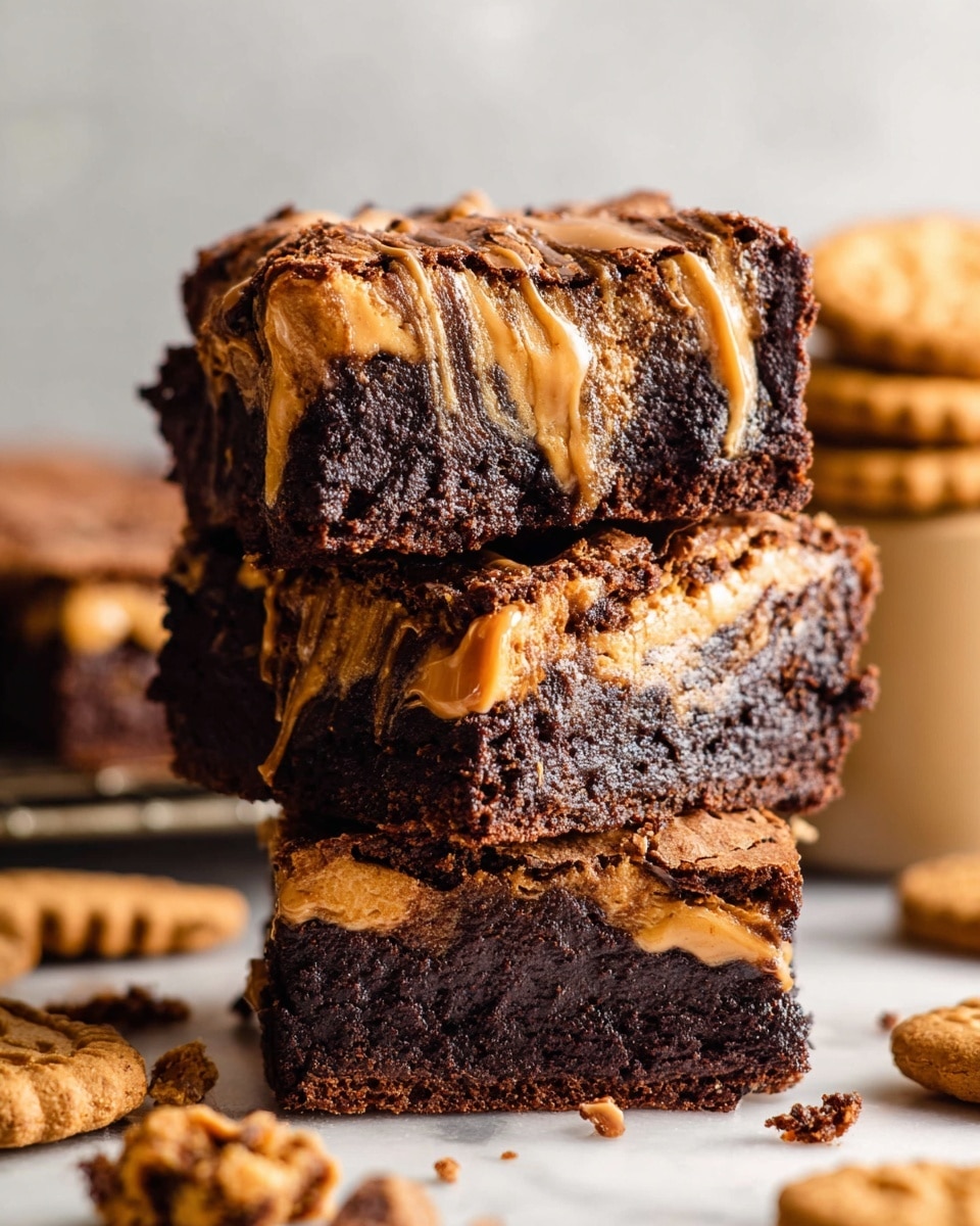 A stack of three rich, dark chocolate brownies with thick, swirled layers of creamy peanut butter mixed into the top and middle parts, showing a soft and gooey texture; the peanut butter is light tan with a smooth, slightly melted look, dripping lightly over the edges of the brownies. The brownies sit on a white marbled surface with scattered biscuit crumbs and whole biscuits nearby. The background is softly blurred, focusing on the moist, dense brownies with a cracked, slightly crumbly top layer contrasting against the glossy peanut butter. photo taken with an iphone --ar 4:5 --v 7