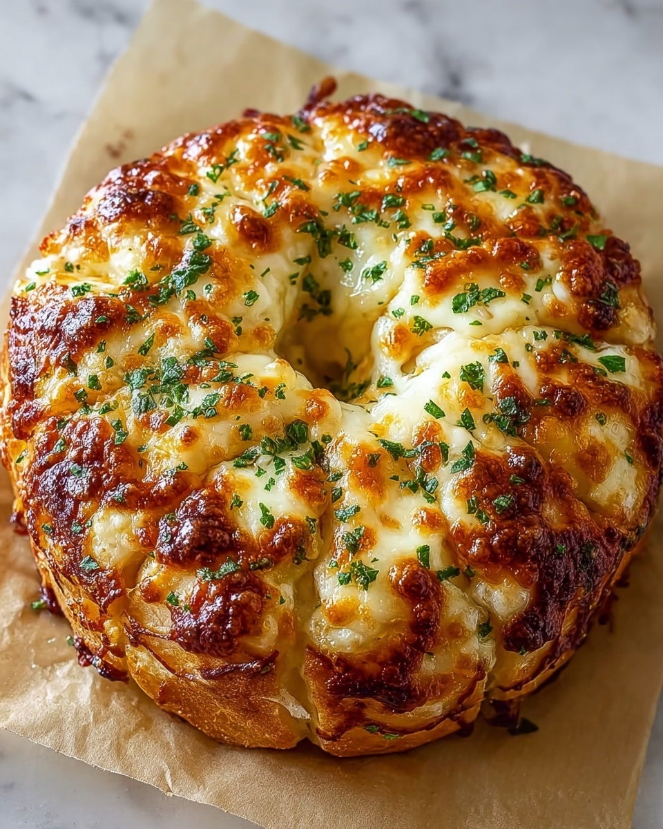A round, baked cheesy bread ring with a thick golden-brown crust on top, showing melted, bubbly cheese oozing in some areas and a sprinkling of fresh, finely chopped green herbs evenly spread over the surface. The bread itself is segmented into eight sections, each with a slightly crispy texture and soft, creamy cheese layers peeking through. It sits on a sheet of parchment paper over a white marbled texture. photo taken with an iphone --ar 4:5 --v 7