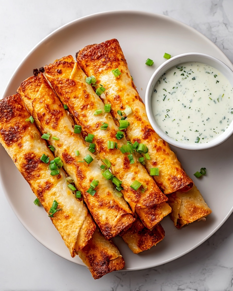 The image shows five golden brown crispy rolled tacos neatly lined up on a white plate. Each taco has a slightly bubbly, crunchy texture with darker toasted spots along the surface. Bright green chopped scallions are sprinkled evenly on top, adding a fresh contrast. To the right side of the tacos is a small white bowl filled with a creamy white sauce speckled with small green herbs. The plate sits on a white marbled surface, enhancing the clean presentation. photo taken with an iphone --ar 4:5 --v 7